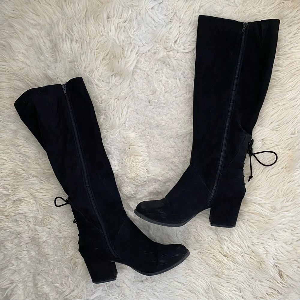Black Suede Knee‑High Block Heel Boots | Size 11